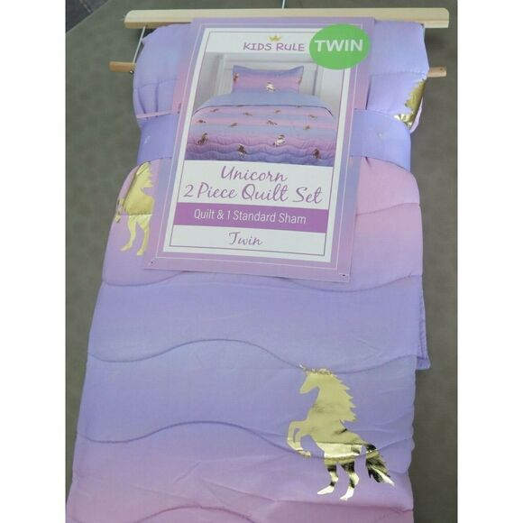 KIDS RULE UNICORN GOLD METALLIC PINK/PURPLE OMBRE REVERSIBLE TWIN QUILT SHAM SET - Picture 3 of 5